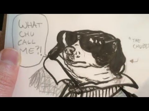 Inking a Drawing of a Dog Wearing Clothes By Philip A