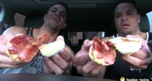 Eating Five Guys Bacon Cheese Dog | Food Review | @hodgetwins